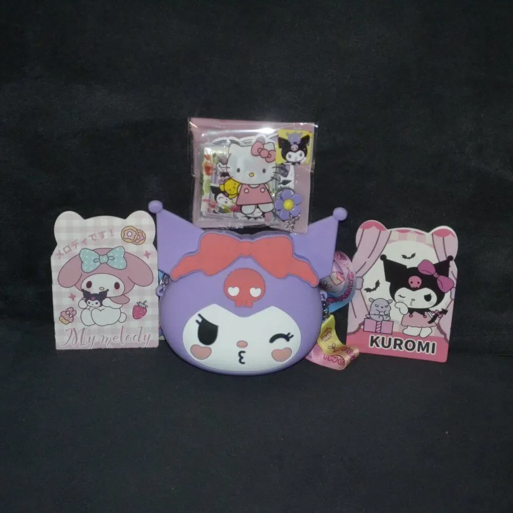 Purple Kuromi Kawaii Kissy Face Mini Crossbody Bag Cute Gift Idea Set Bundle